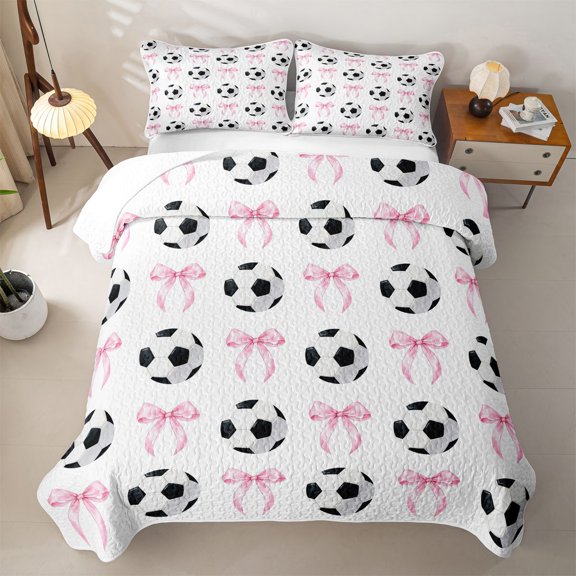 Erosebridal Pink Ribbon Bowknot Twin Quilt Set For Bow Girl,Cartoon Soccer Pattern Ball Sport Theme Twin Coverlet Set,2 Pieces