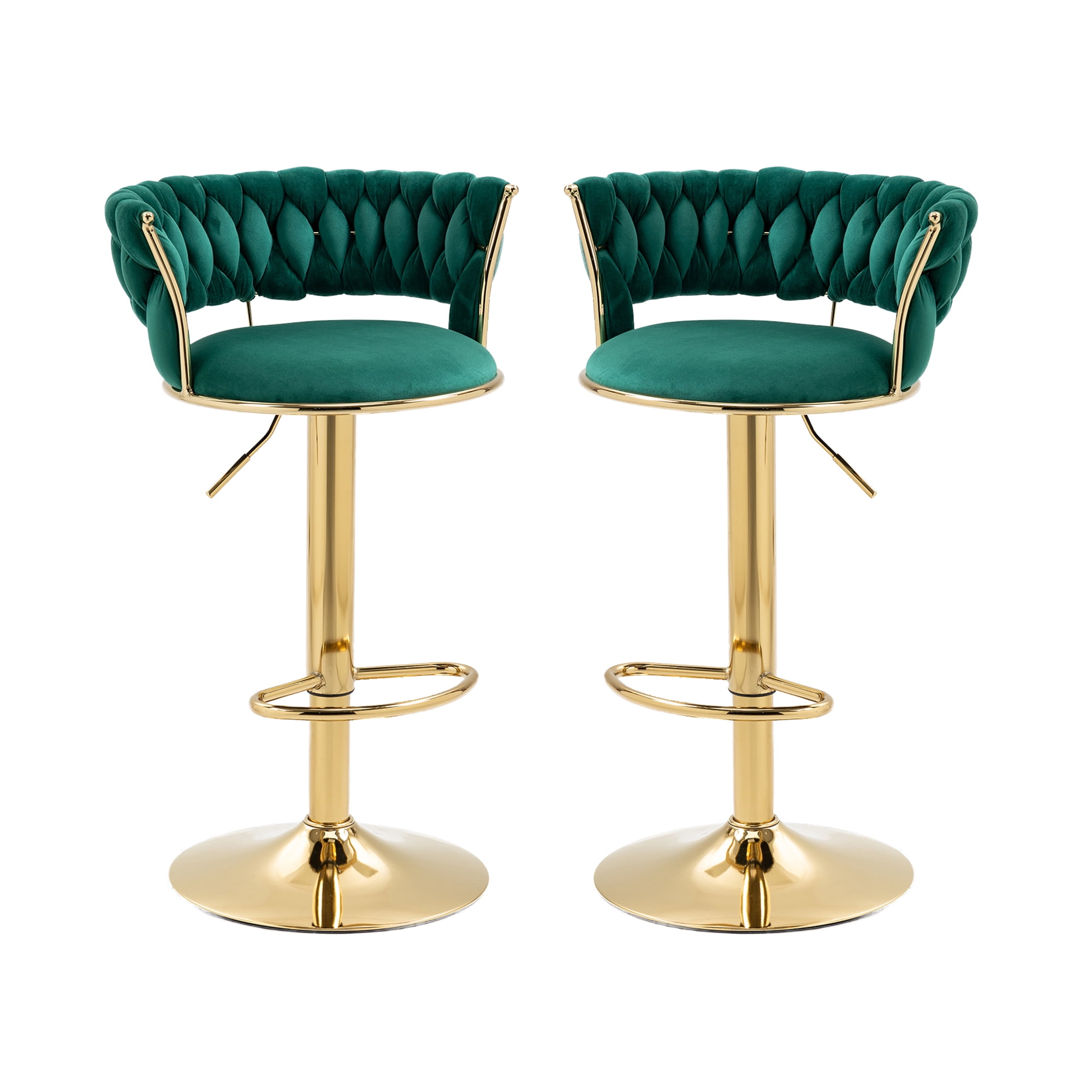 MOONMISS Velvet Swivel Bar Stools Set of 2, Adjustable Counter Height Bar Stool with Woven Back, Upholstered Kitchen Dining Chairs, Modern Barstools for Kitchen Island, Cafe, Pub, Bar Counter(Emerald)