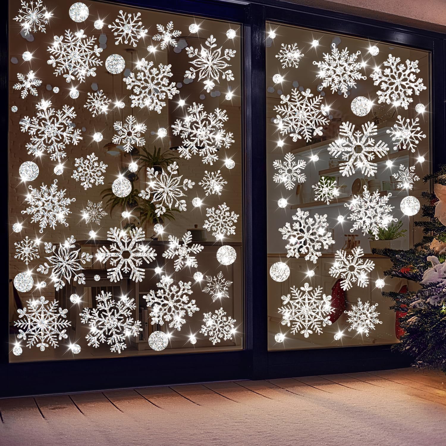​Glitter Snowflake Window Stickers 186PCS Christmas Sparkling Snowflake Window Clings Winter Wonderland Decorations Farmhouse Rustic Xmas Snowflake Decorations for Home School Christmas Party