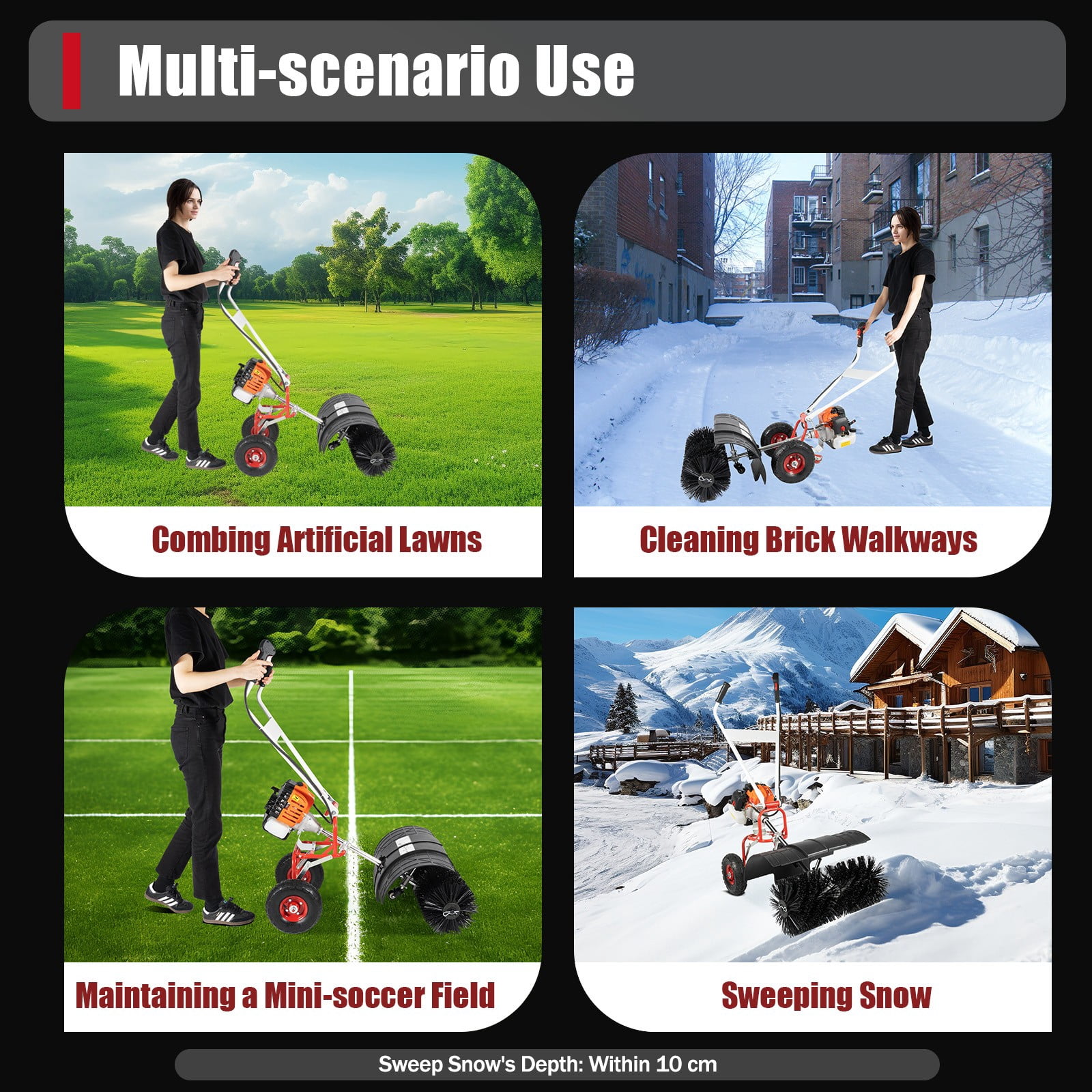 52CC 2-Stroke 2.5HP Walk Behind Gas Powered Sweeper Broom, Driveway and Lawn Snow Removal Sweeper, Artificial Turf Snow Sweeper, for Lawns, Fallen Leaves, Artificial Turf, and Gravel