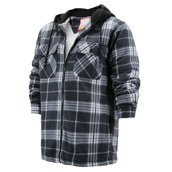 Men's Heavyweight Flannel Fleece Lined Plaid Sherpa Hoodie Jacket (A09 - Charcoal/White/Grey, 4XL)