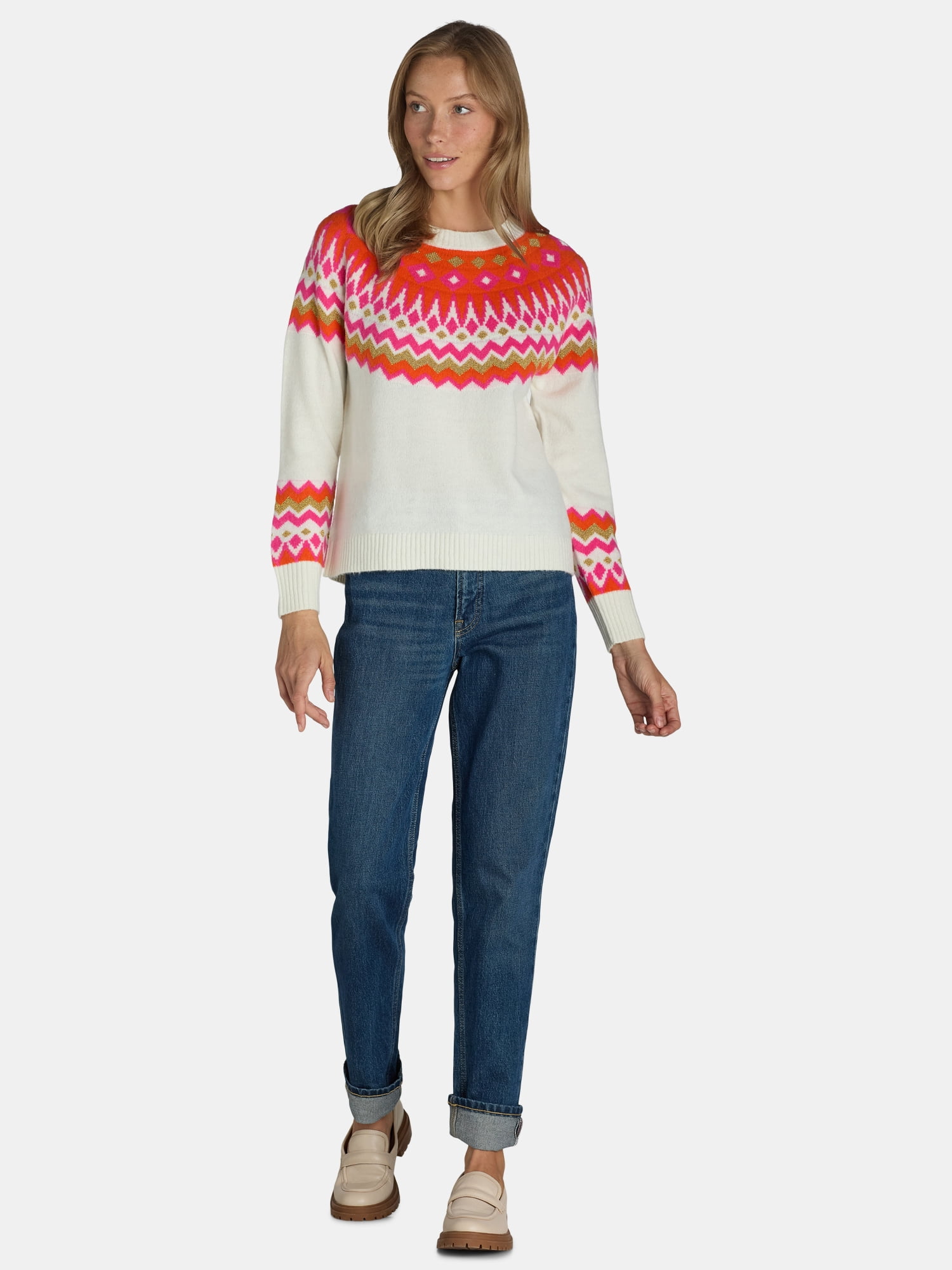 99 Jane Street Women's Fair Isle Crewneck Sweater with Long Sleeves, Midweight, Sizes XS-XL