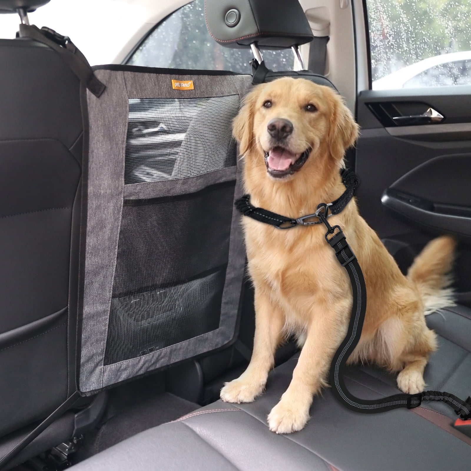 Petfield Dog Car Backseat Barrier & Adjustable Pet Seat Belt Combo, Universal Pet Travel Safety Kit for Cars, SUVs and Trucks