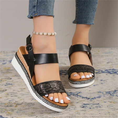 

Sandals for Women Dressy Summer Gnobogi Thick Sole Sloping Heel Women s Shoes Peep-toe Buckle One Line Casual Sandals Womens Sandals Black