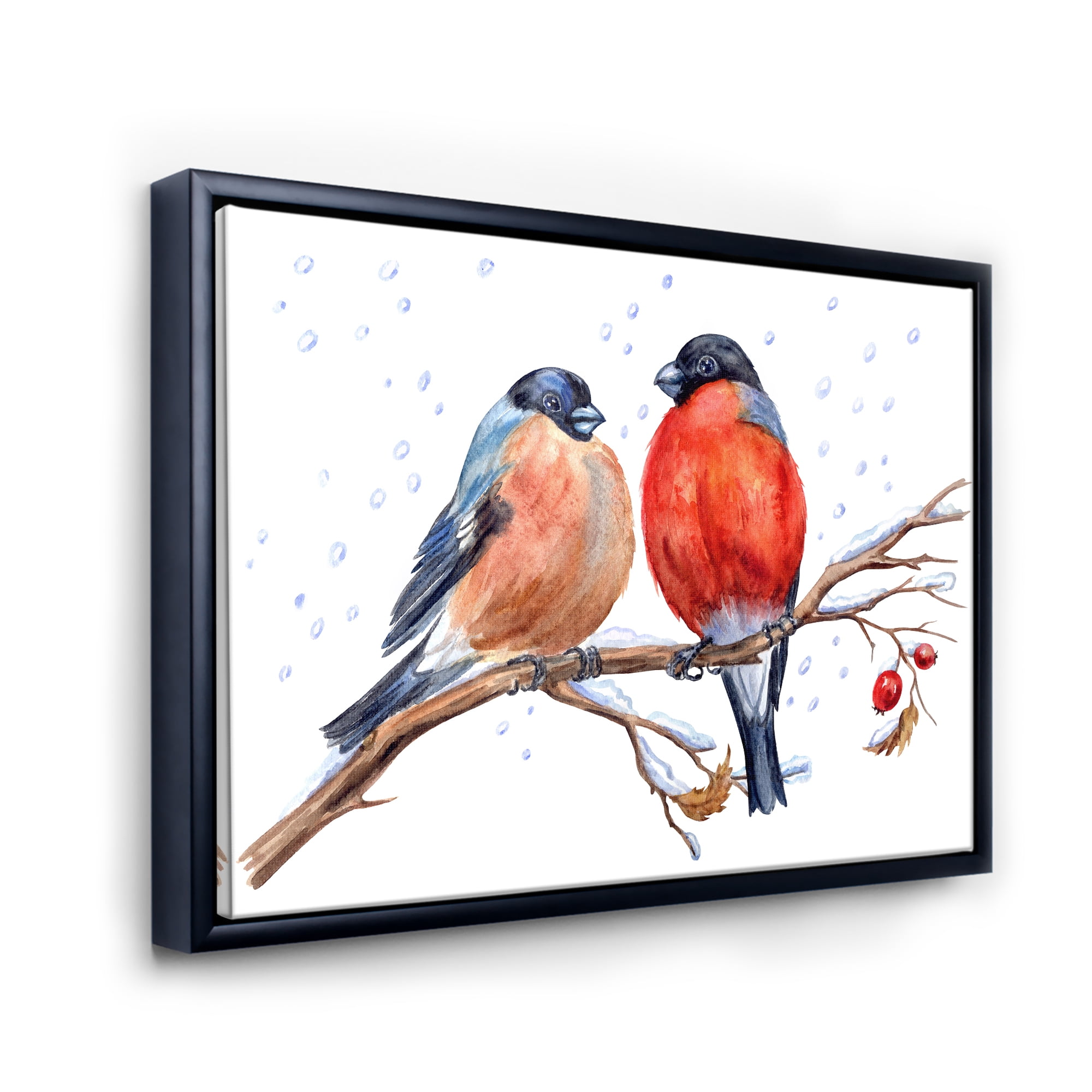 Designart 'Two Bullfinches On A Hawthorn Branch with Snowfall In Winter' Traditional Framed Canvas Wall Art Print