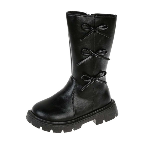 Gpaecead Girls Bow Side Zipper Knee High Boots Solid Color Faux Leather Soft Sole British Style Casual Fall Winter Boots Black