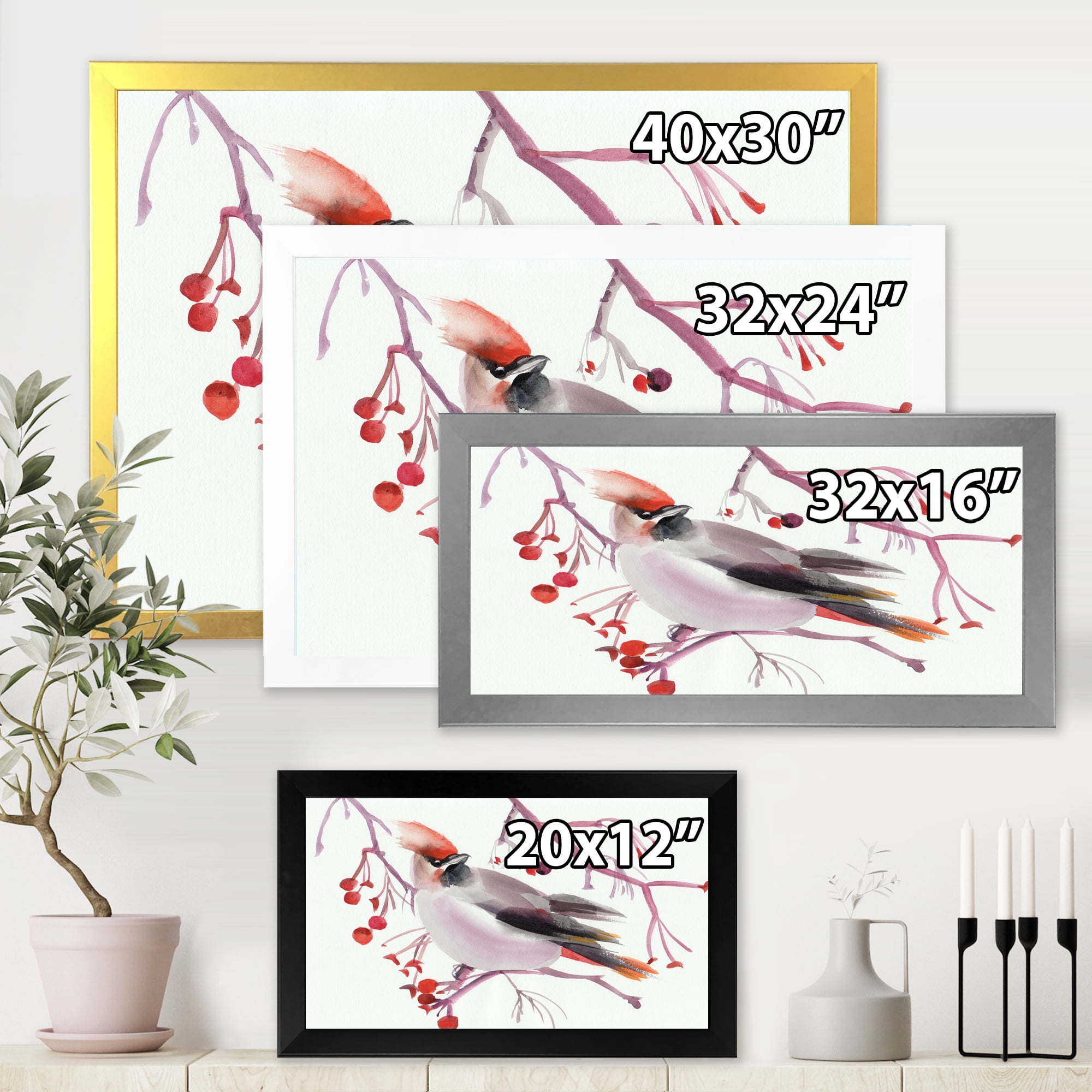 Designart 'Waxwing Bird Sitting On A Branch' Traditional Framed Art Print