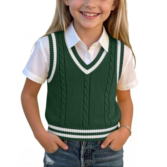 Tdoqot Gilrs Sweaters Vest- Soft Warm V-Neck Casual Sleeveless Kids Knit Tnak Tops Green Size10-12