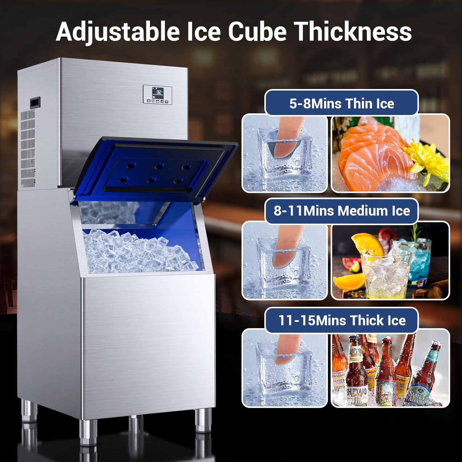 High-Capacity Commercial Ice Maker - 600Lbs/24H Output, 400Lbs Storage, Stainless Steel Construction with Water Hookup & Adjustable Ice Thickness
