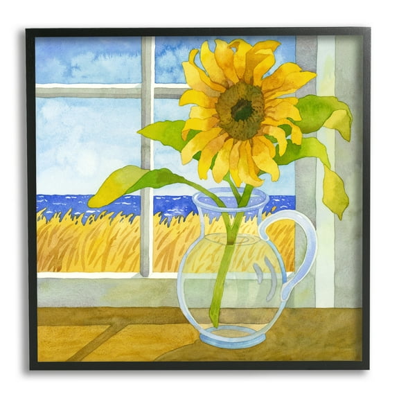 Stupell Industries Sunflower in Coastal Window Botanical & Floral Painting Black Framed Art Print Wall Art, 12 x 12