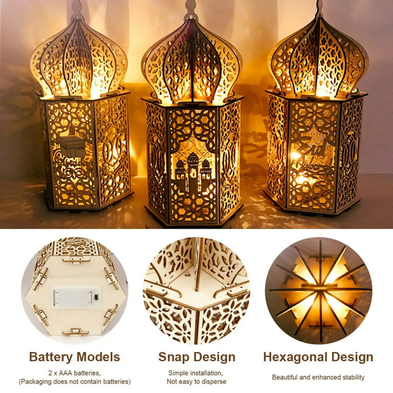 Eid Mubarak Wooden Lantern Decoration Ramadan Wood Tabletop Decor Led  Lighted Ramadan Plaque Ornament for Ramadan Mubarak Eid Decorations