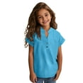 thumbnail image 7 of QQAMB Shirts for Girls Cotton Linen V-Neck Button Solid Color Summer Casual Short Sleeve Shirts Tops,Blue,11 Years, 7 of 7