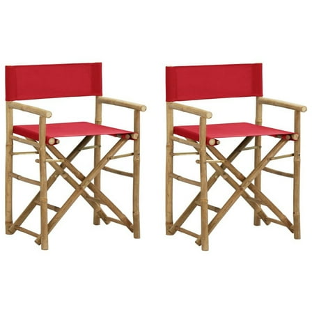 Outdoor Foldable Accent Chair Set of 2- Red Fabric- Brown Bamboo