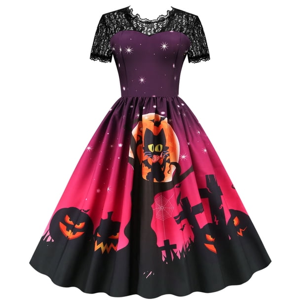 Moda de Halloween para mujer, vestido de manga corta con cuello redondo hasta la rodilla, vestido estampado de encaje para mujer Pompotops ghjkhdj14887