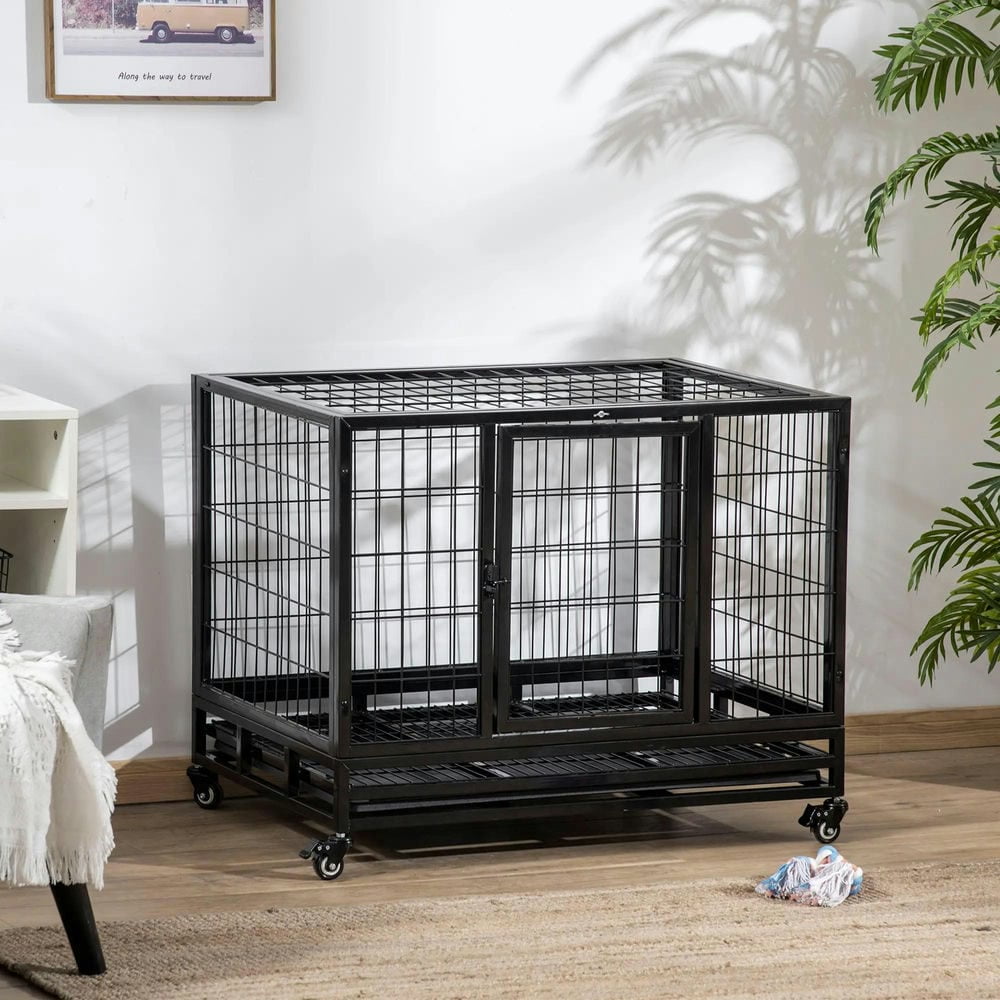 Topcobe 36" Heavy Duty Dog Crate with Removable Tray, Lockable Wheels and Double Door, for Medium and Large Dogs, Indoor Outdoor Pet Shelter, Small Animal Habitat, Black