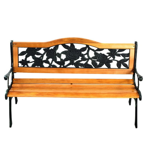 Spaco Garden Bench Chair Outdoor Wooden Loveseat with Iron Armrest, Solid Wood Outdoor Bench for Park, Porch, Patio and Backyard