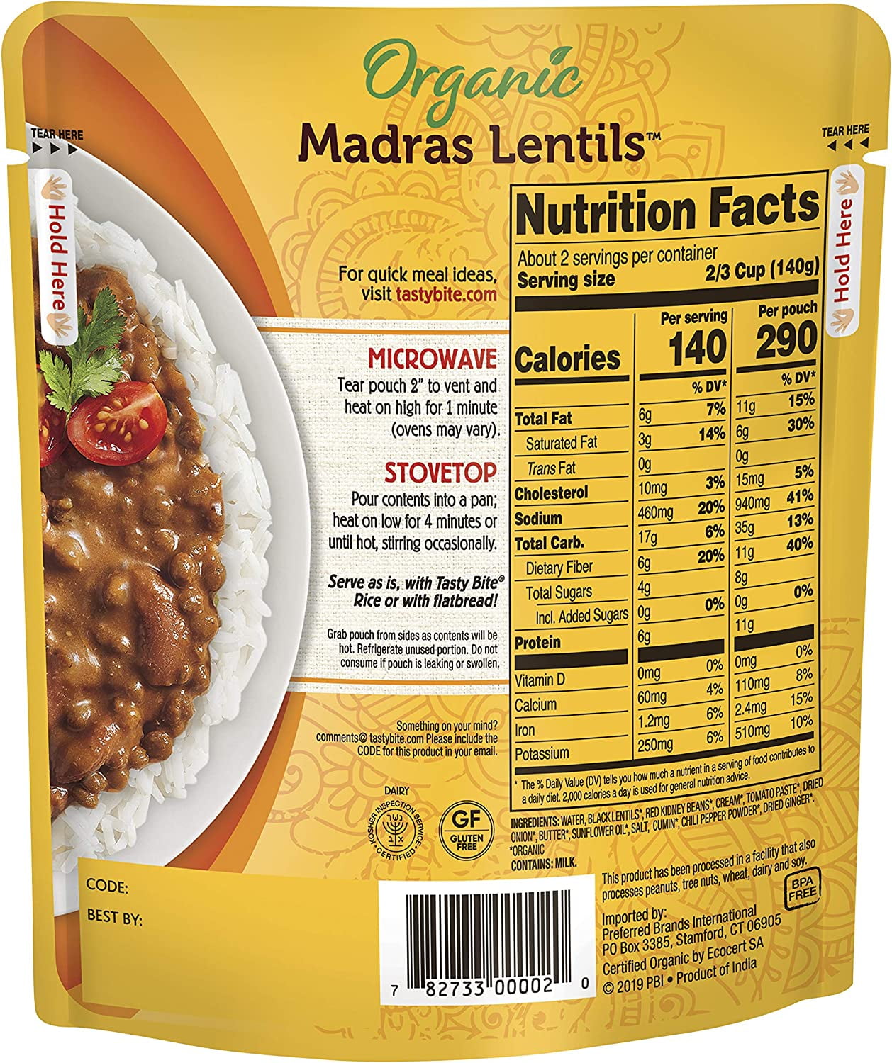 Tasty Bite Organic Indian Madras Lentils, Microwaveable Ready to Eat Entree, 10 Ounce (Pack of 6)
