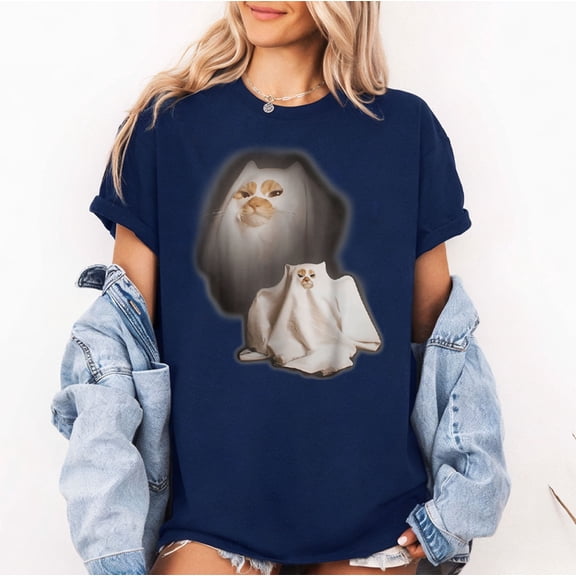 Ghost Cat Meme Halloween Costume T-Shirt, Silly Cat Halloween Tee, Multicolors, Size S-5XL