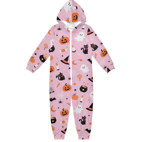 Halloween Pumpkin Bat Boys & Girls Hooded One-Piece Pajamas Warm Crystal velvet Hooded Long Sleeve Loungewear Jumpsuit Unisex