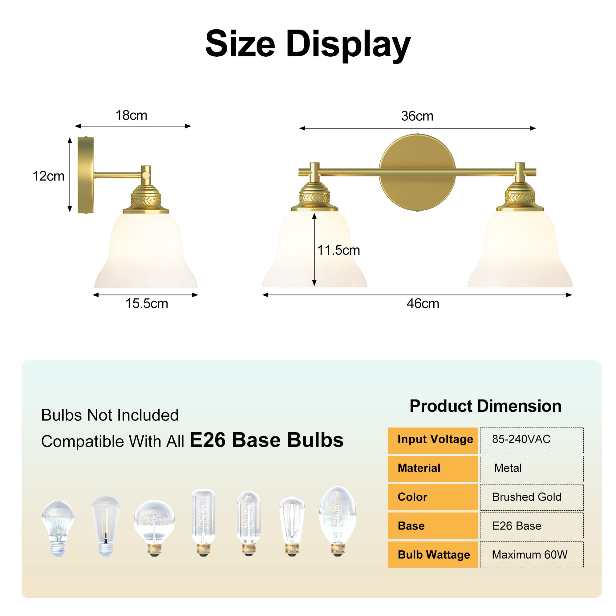 Hironpal 2-Light Bathroom Light Fixtures, Bathroom Vanity Light with White Glass Shade over Mirror Cabinet,Brushed Brass