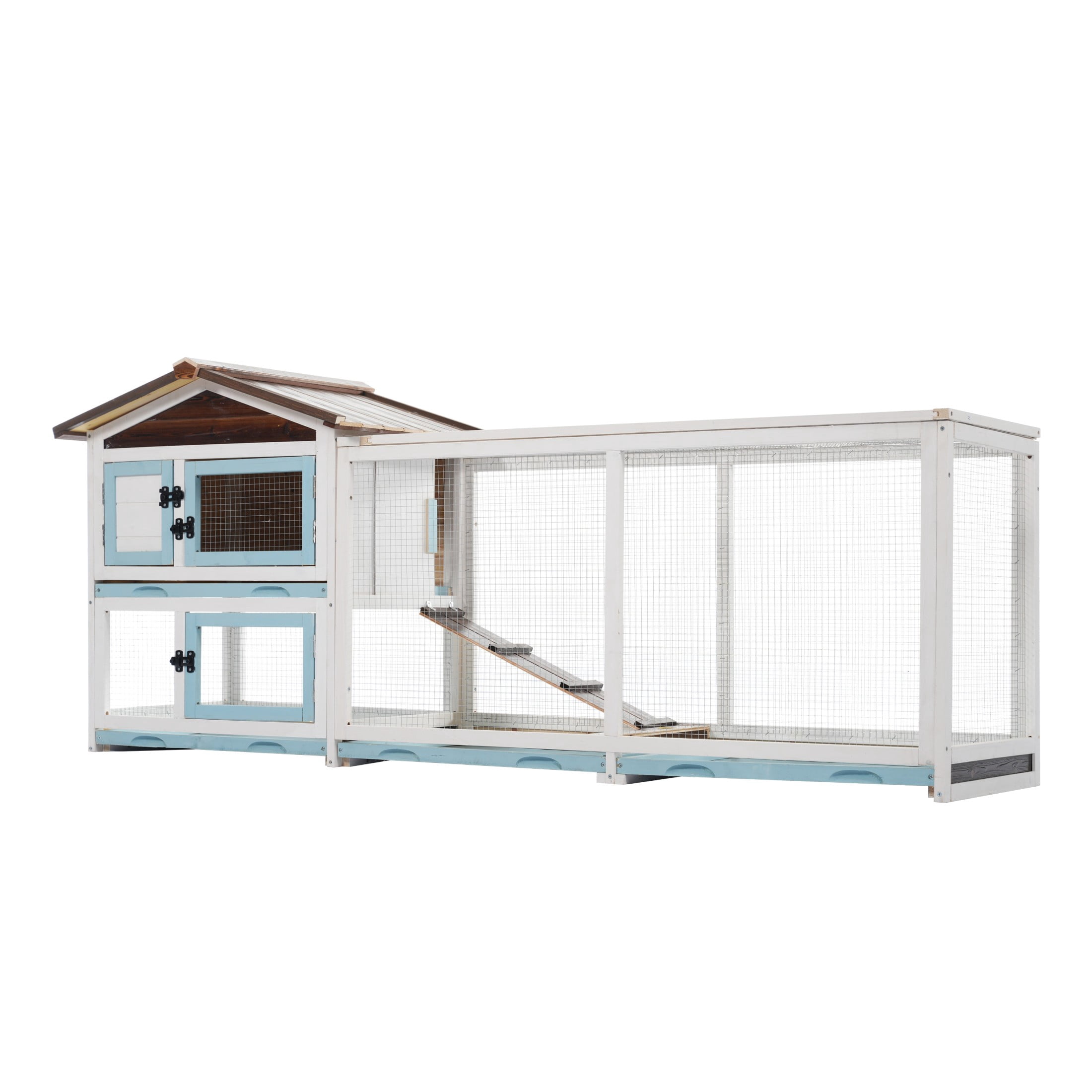 Christopher Knight Home Outdoor Wood Small Animal Rabbit Hutch with Removable Cleaning Trays, White+Blue