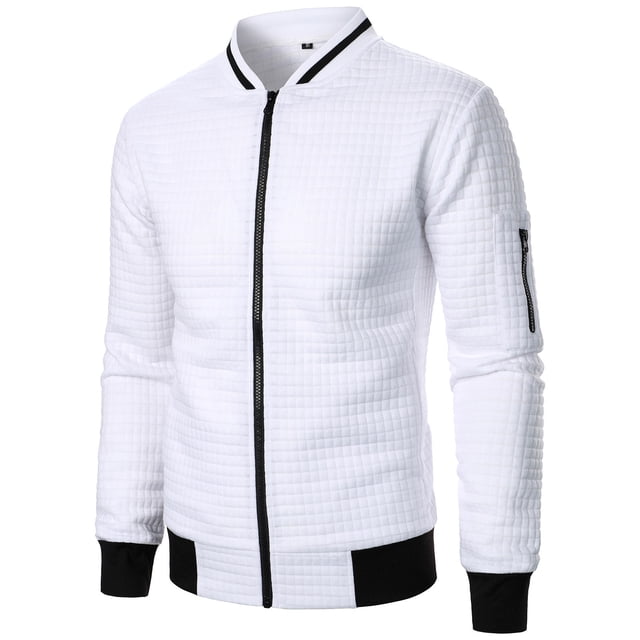 RXIRUCGD Man Solid Color Zipper Stand Collar Hoodie Coat, White, Size: L