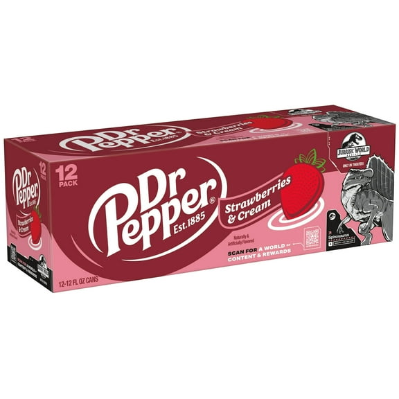 Dr Pepper Strawberries and Cream Soda Pop, 12 fl oz, 12 Pack Cans, Jurassic World Rebirth Limited Edition