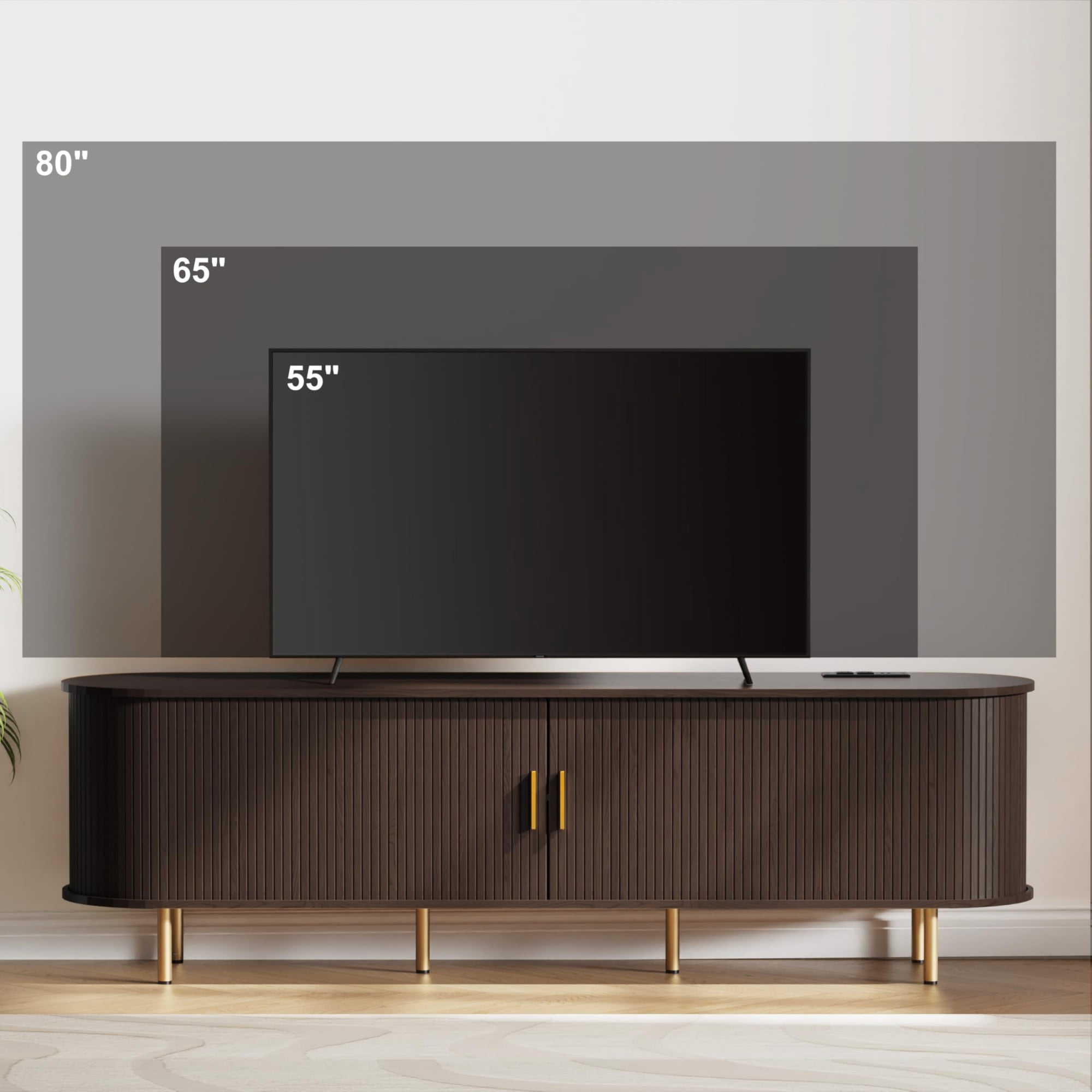 70.8 Inch Mid Century Modern TV Stand with Power Outlet, Fluted Media Console with Sliding Doors for TVs up to 80 Inch, Coffee