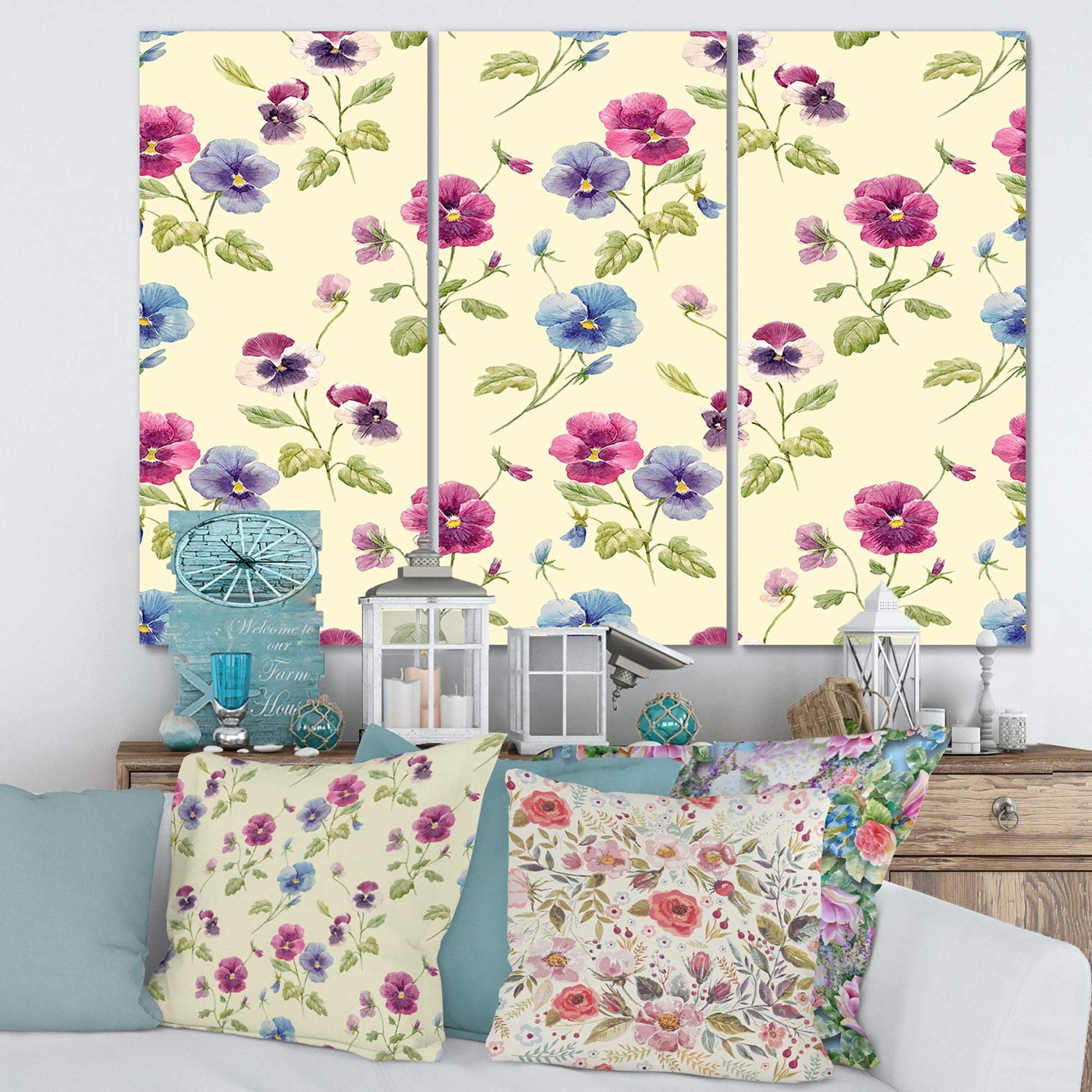 Designart ' Blue and Pink Pansy Flowers I ' Traditional Canvas Wall Art Print