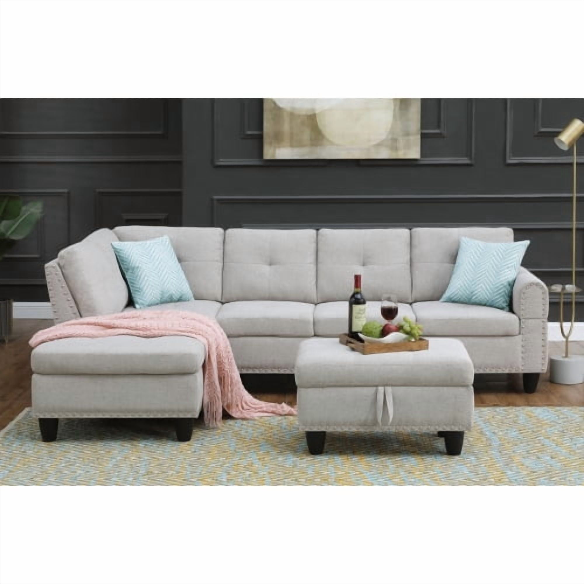 BSHTI 3-Seat Contemporary Linen L-Shaped Sectional Sofa with Reversible Storage Chaise, Storage Ottoman, Cup Holders for Living Room（Light Gray）