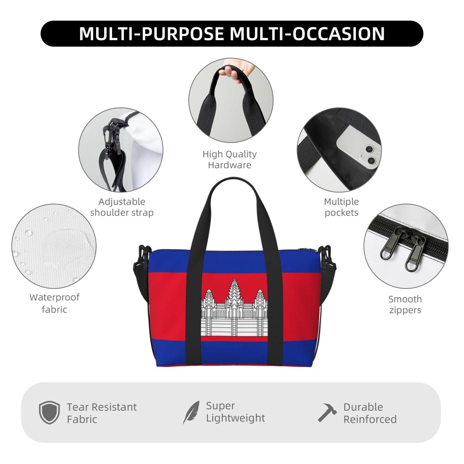 Travel Duffel Bag Cambodian Flag Sports Tote Gym Bag Shoulder Weekender Overnight Bag For Women Men