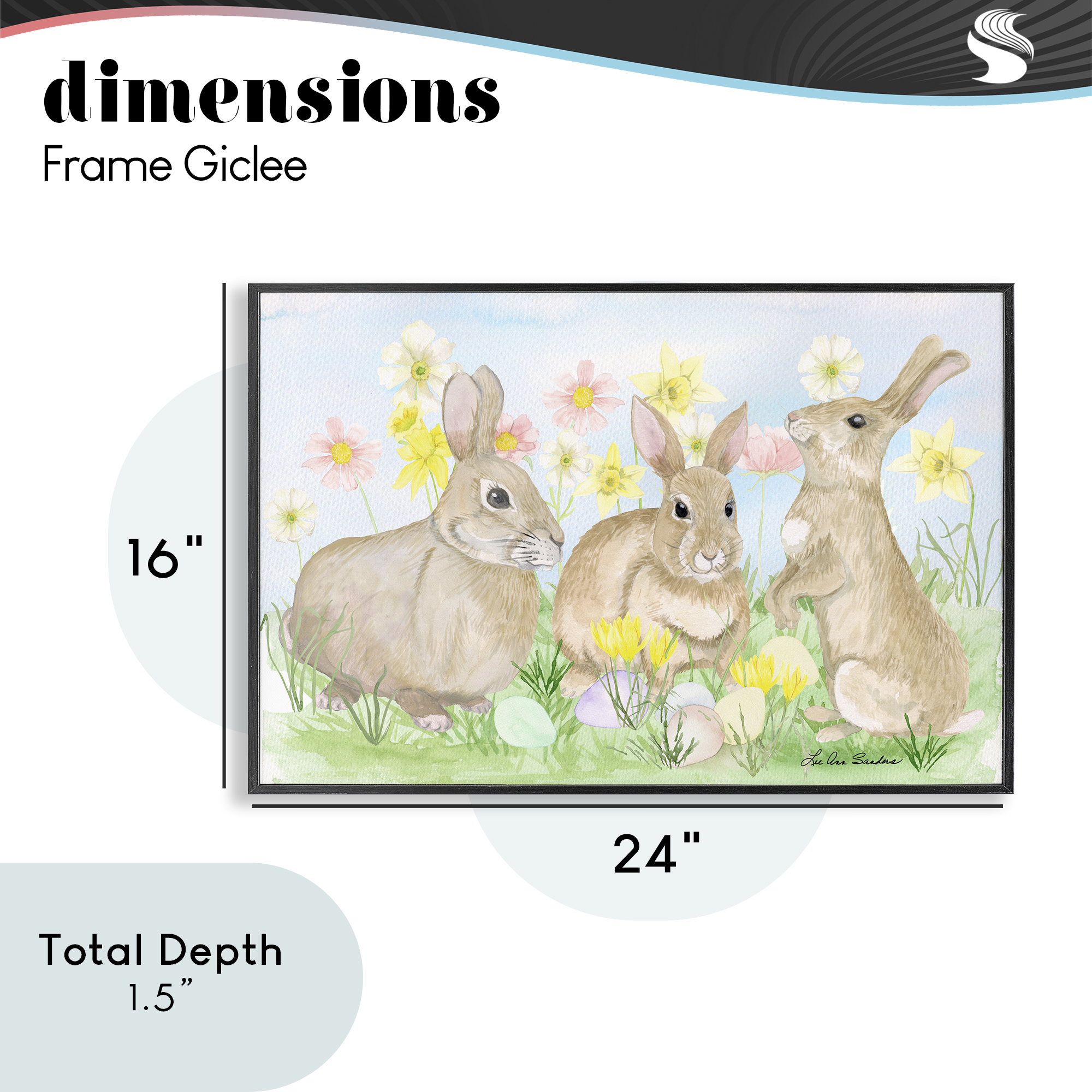 Three Bunnies In The Grass Black Framed Giclee Art, design by Lee Ann Sanders