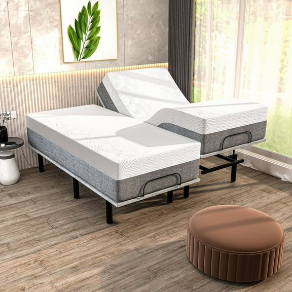 Renanim SF Adjustable Bed Frame with Hybrid Memory Foam Mattress, Massage - Split King Adjustable Bed   Firm Mattress, USB, Under Bed Light, App Control