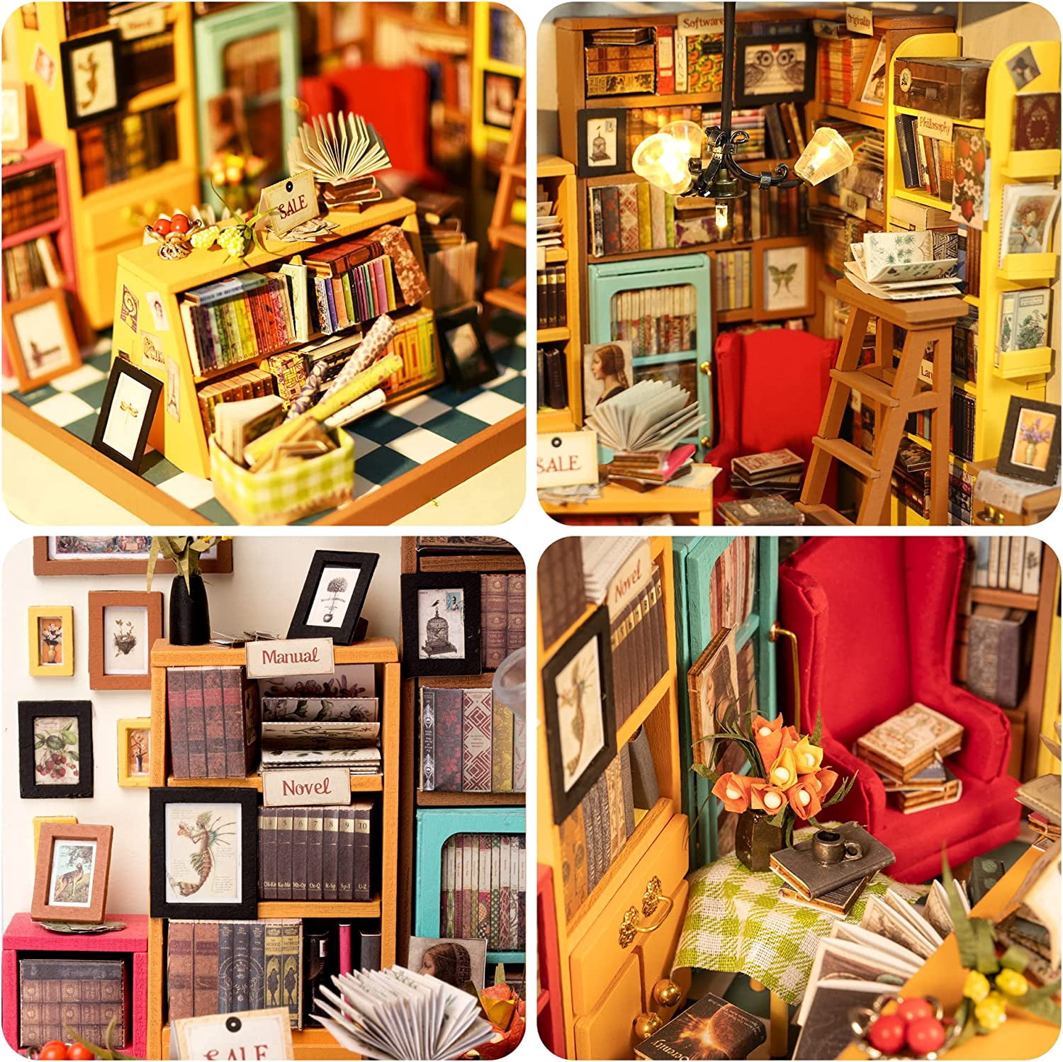 ROBOTIME Sam's Bookstore-DIY Miniature House Kit,Mini Wooden Dollhouse Model Building Sets,Tiny House Craft Kits Gifts for Adults Kids