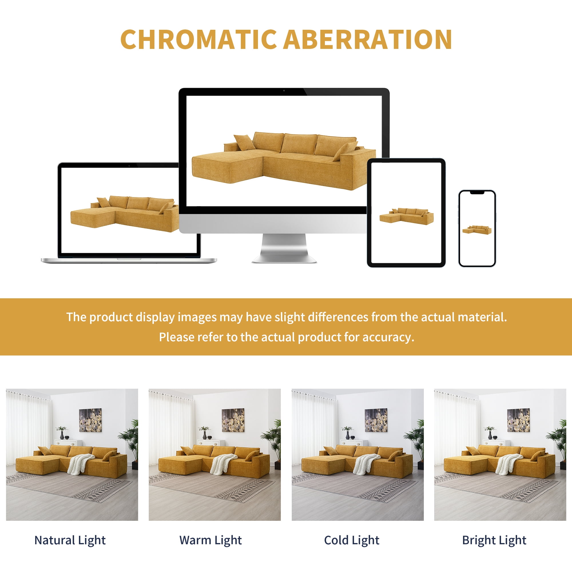 EUROCO 111.5" Minimalist Style L-Shaped Modular Sectional Sofa Couch, Wrinkle-resistant Chenille Sleeper Sofa Bed with All-Sponge Construction, 2 PIC Free Combination No Assembly Require, Yellow
