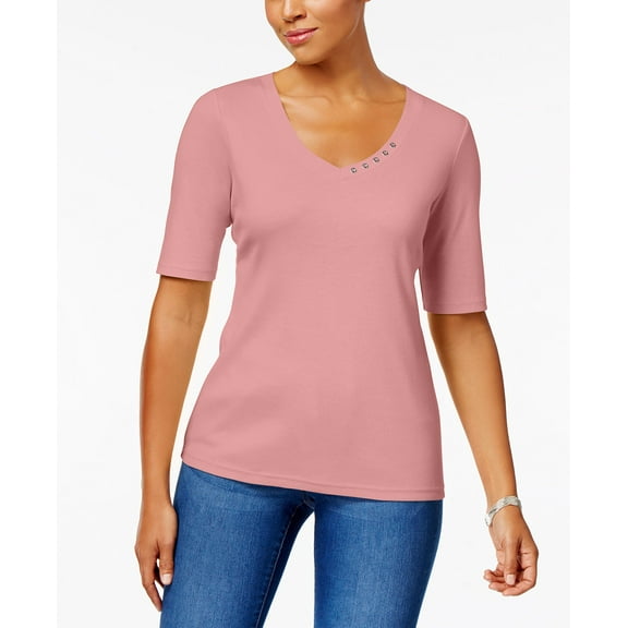 Karen Scott Elbow Sleeve Cotton Top Coral Topaz XL