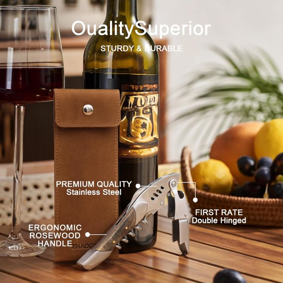 LMUMN-Waiter Corkscrew, Wine Bottle Opener, Stainless Steel, Wooden Handle, Shark Shape, Wine Opener Suitable for Sommeliers, Bartenders and Gifts, Comes with Vintage Cowhide Protective Cover
