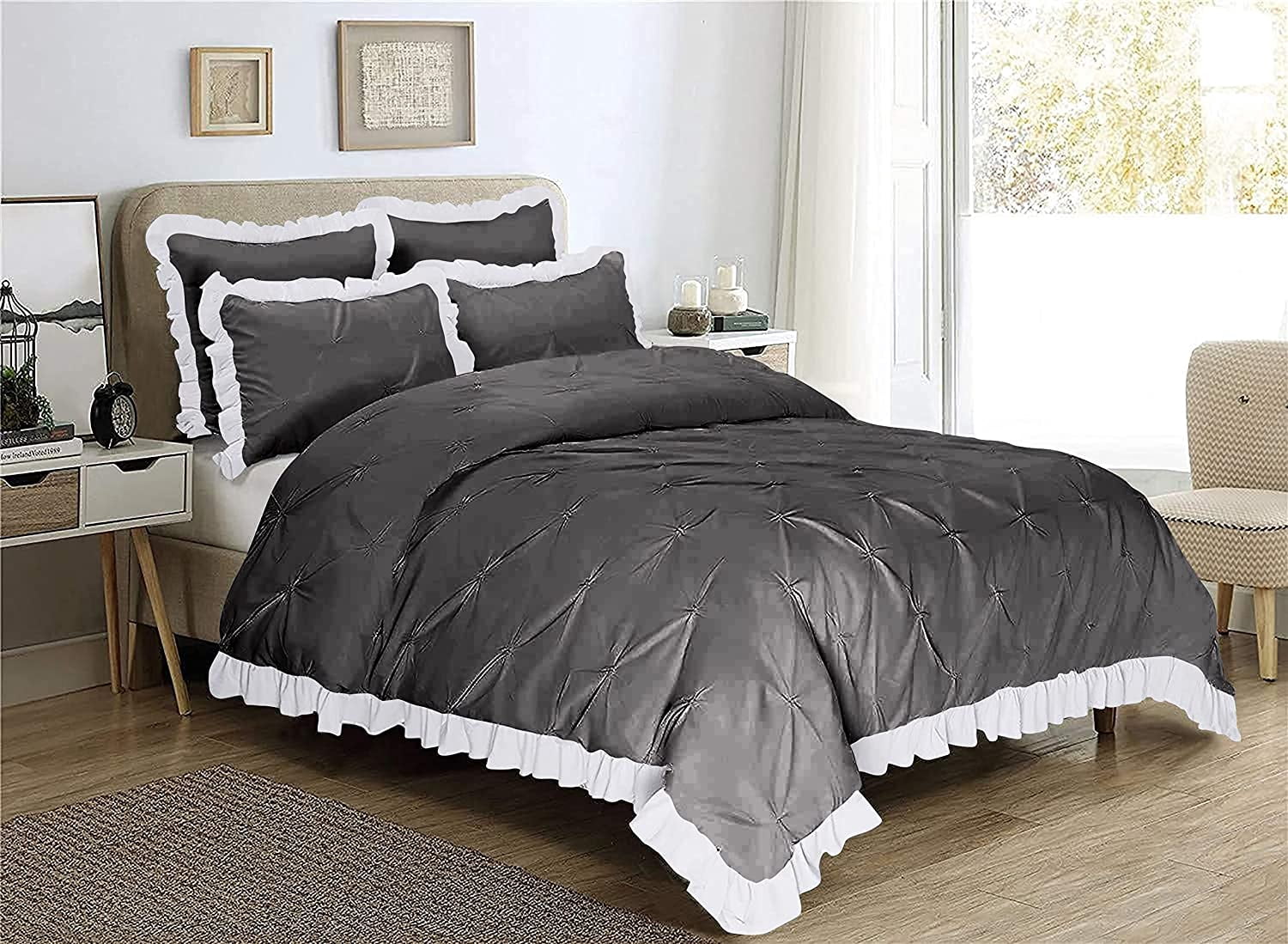 3 Piece Pinch Ruffle Duvet Cover Set, Extra Soft, Luxury,100% Egyptian Cotton, Zipper Closure and Quilts Cover Set, Cool and Breatheable Bedding Sets Dark Gray and White Solid,Full Size.