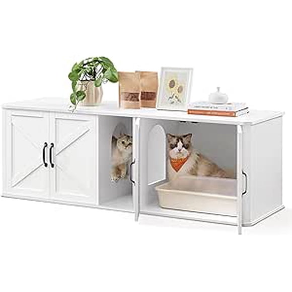 FEANDREA Arenero para Gatos 2 Plazas Privadas Caja Cerrada Antisalpicaduras Mesa Auxiliar 145.6x48.5x50cm