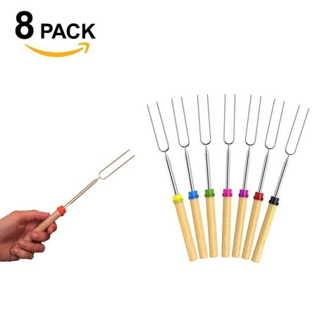 Heavy Duty Extending Rotating Telescoping Marshmallow BBQ Roasting Sticks Forks Skewers - Best For S'mores&Hot Dog, Kid Friendly - Safe For Children,Wood Handle - Set of 8 - Great for Camping Fire