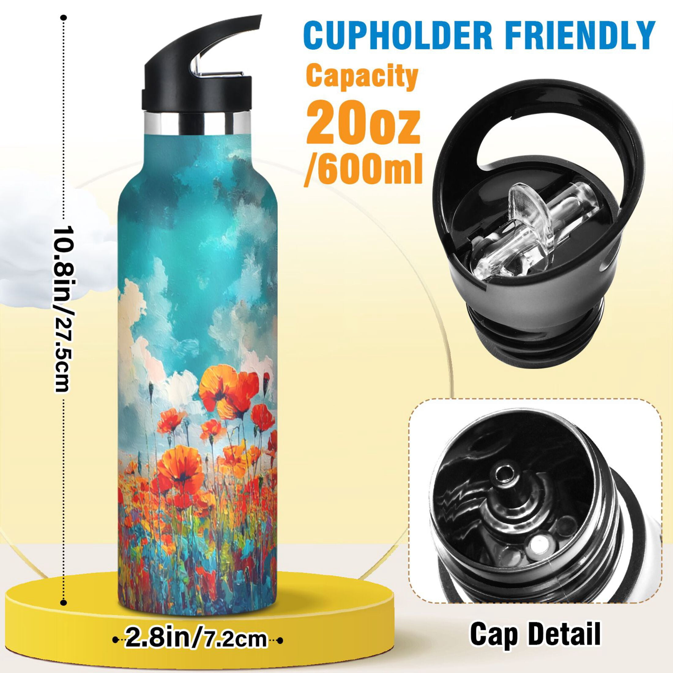 Kids Insulated Stainless Steel Sports Water Bottle 600ml (20oz) Beautiful Flower Field