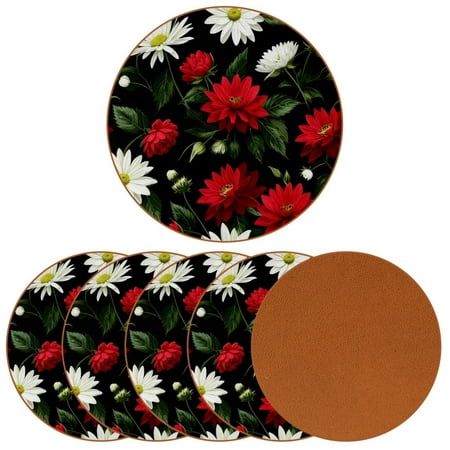 

YZUOUZY Coasters Coffee Table Decor Pack of 6 Round Custom Coasters Chrysanthemum Roses Delphinium