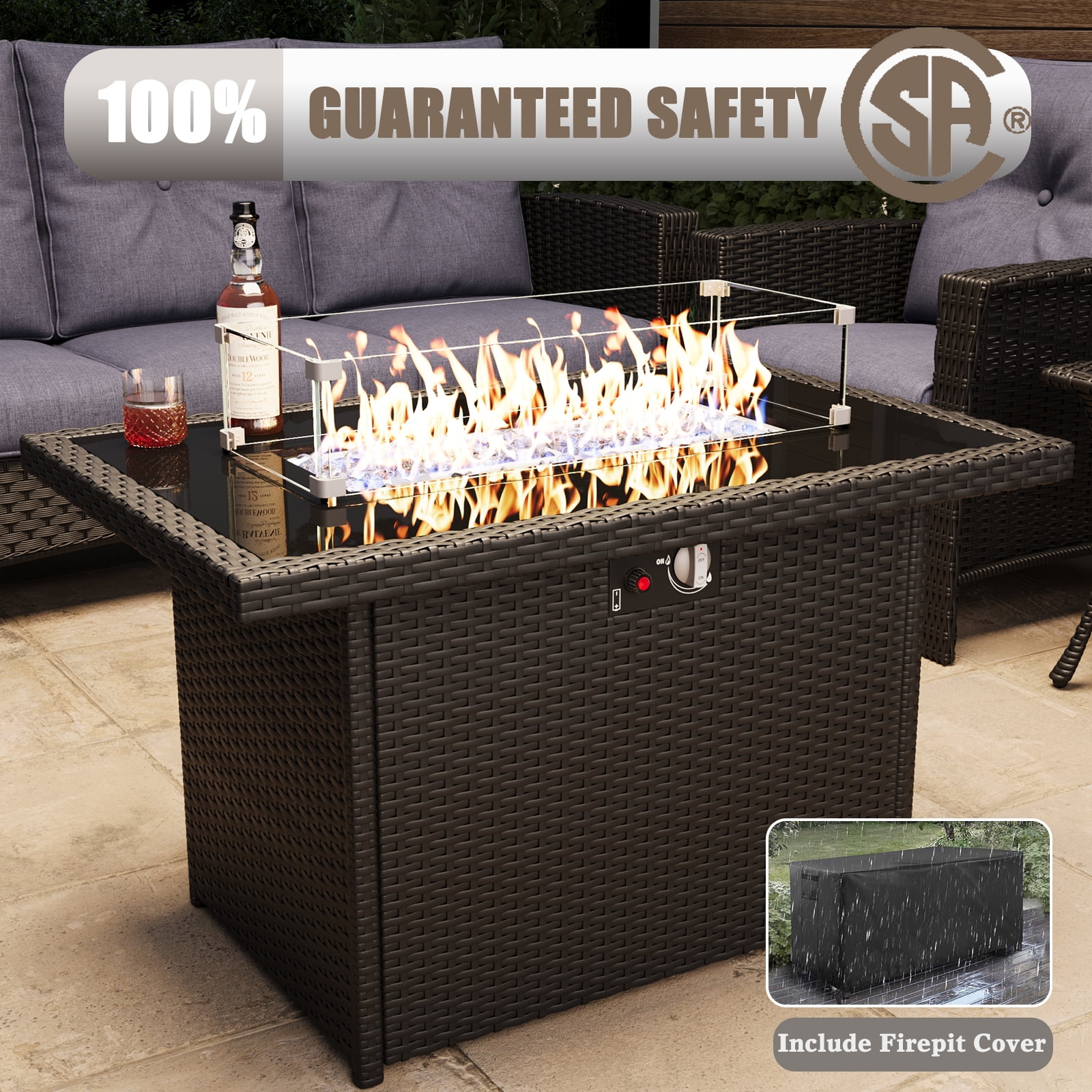 LayinSun 10 Piece Wicker Patio Furniture Set with Fire Pit Table, Classis Outdoor Conversation 360 Degree Swivel Chairs Set with Coffee Table
