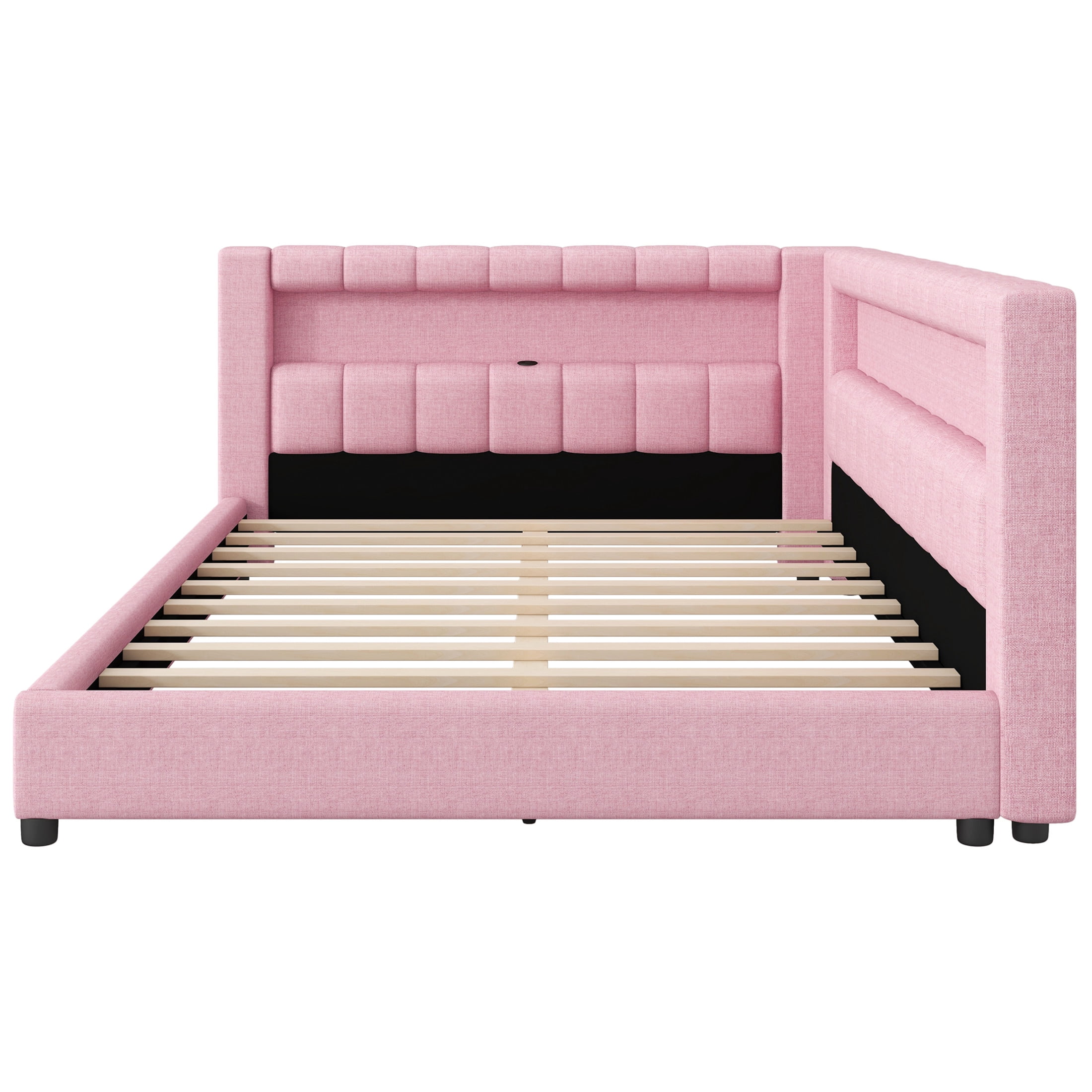 Noble House Dexter Full XL Linen Upholstered Platform Bed with LED Light Belt and USB Ports, Wood Frame, Pink