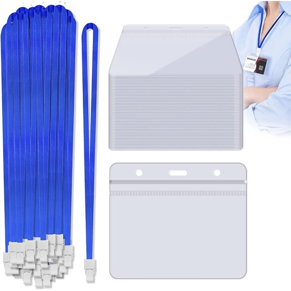 FZENeast Badge Holder with Lanyard,50 PCS Clear Waterproof Horizontal id Holder with 50 PCS Flat Neck Blue Badge Lanyards for Business Office School