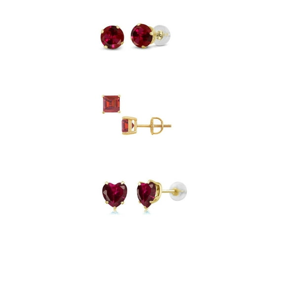 Bonjour Jewelers 18k Yellow Gold Created Ruby 3 Pair Round, Square And Heart Stud Earrings Plated 4mm
