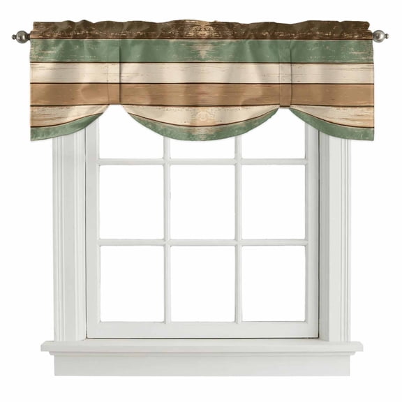 Farmhouse Sage Green Brown Tie Up Valance Curtains for Windows, Kitchen Curtains Window Shades, Country Vintage Wooden Light Filtering Roman Curtain Valances for Bedroom/Bathroom/Cafe 42"x12"