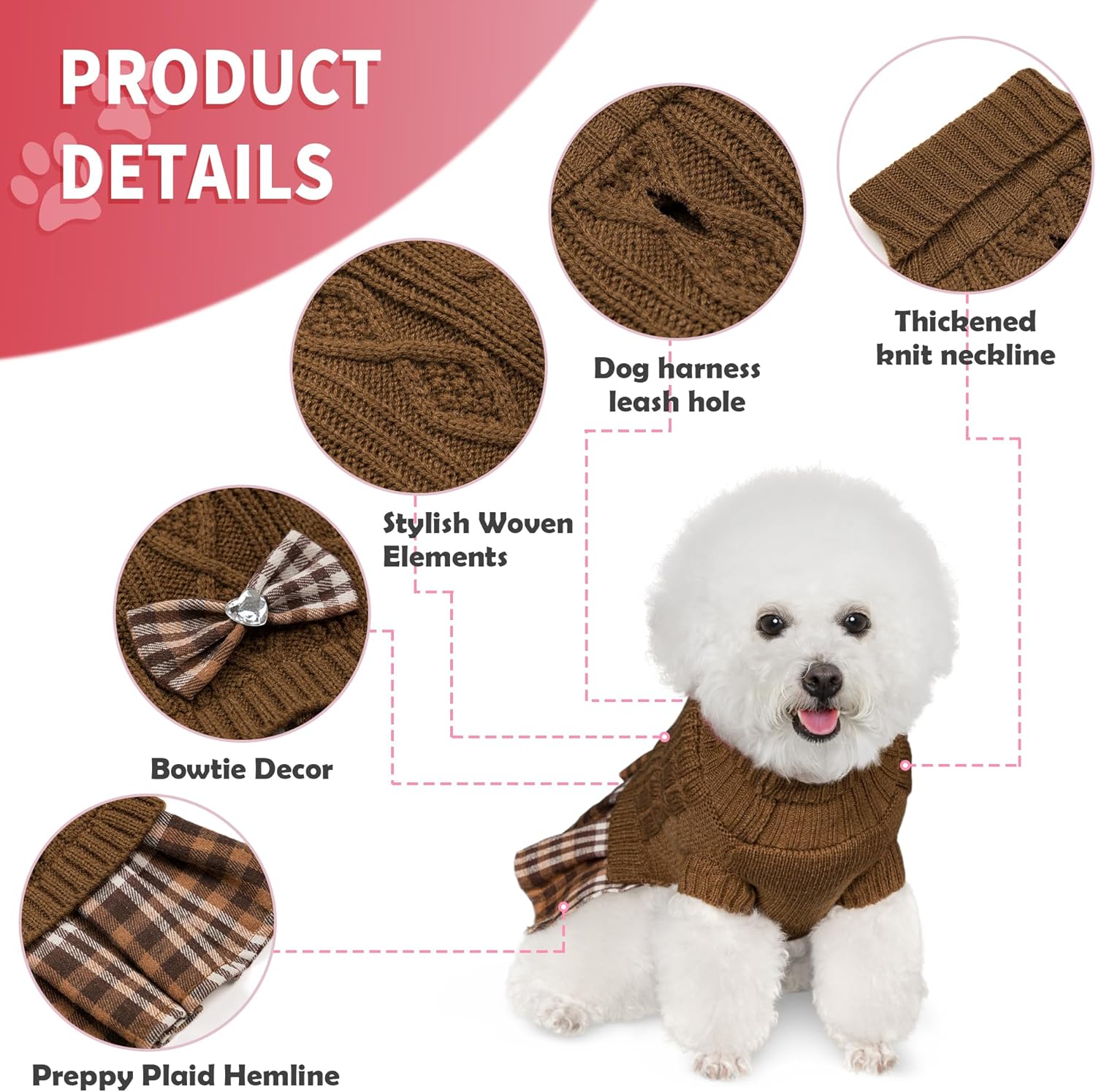 Girl Dog Sweater Dress with Bowtie Turtleneck Small Dogs Sweater with Leash Hole, Knitted Small Dog Sweaters Dress Puppy Winter Clothes for Yorkies Chihuahua (Large, Brown)