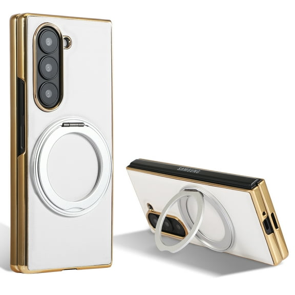 Magnetic for Samsung Galaxy Z Fold 5 PU Leather Case, [Invisible Rotatable Ring Holder Stand] Support Magnetic Car Mount, Slim Shockproof Protective Phone Cover for Samsung Galaxy Z Fold 5, White