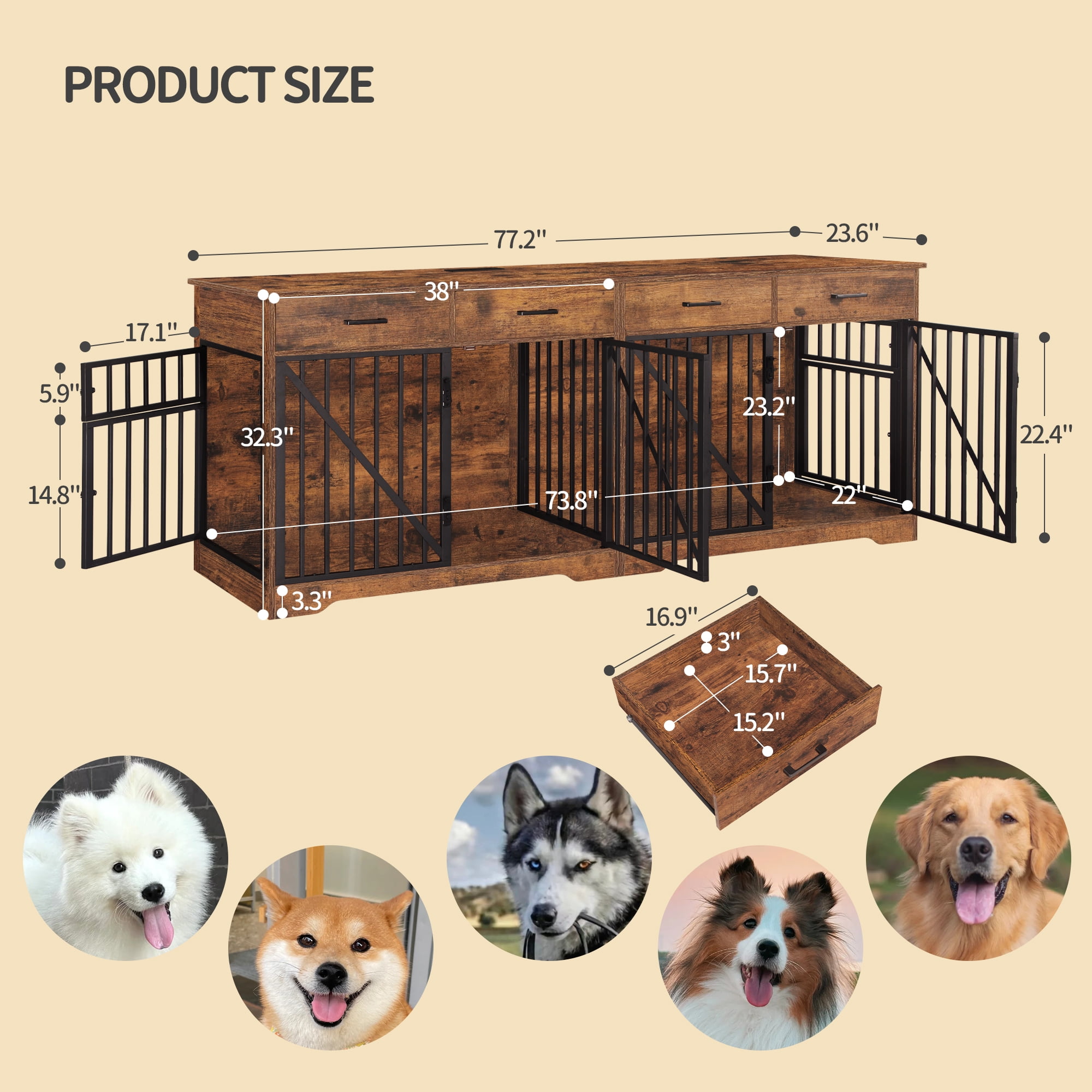 Dog Crate Furniture with 4 storage drawers, charging station, Suitable,Anti-chew,Anti-chew design.